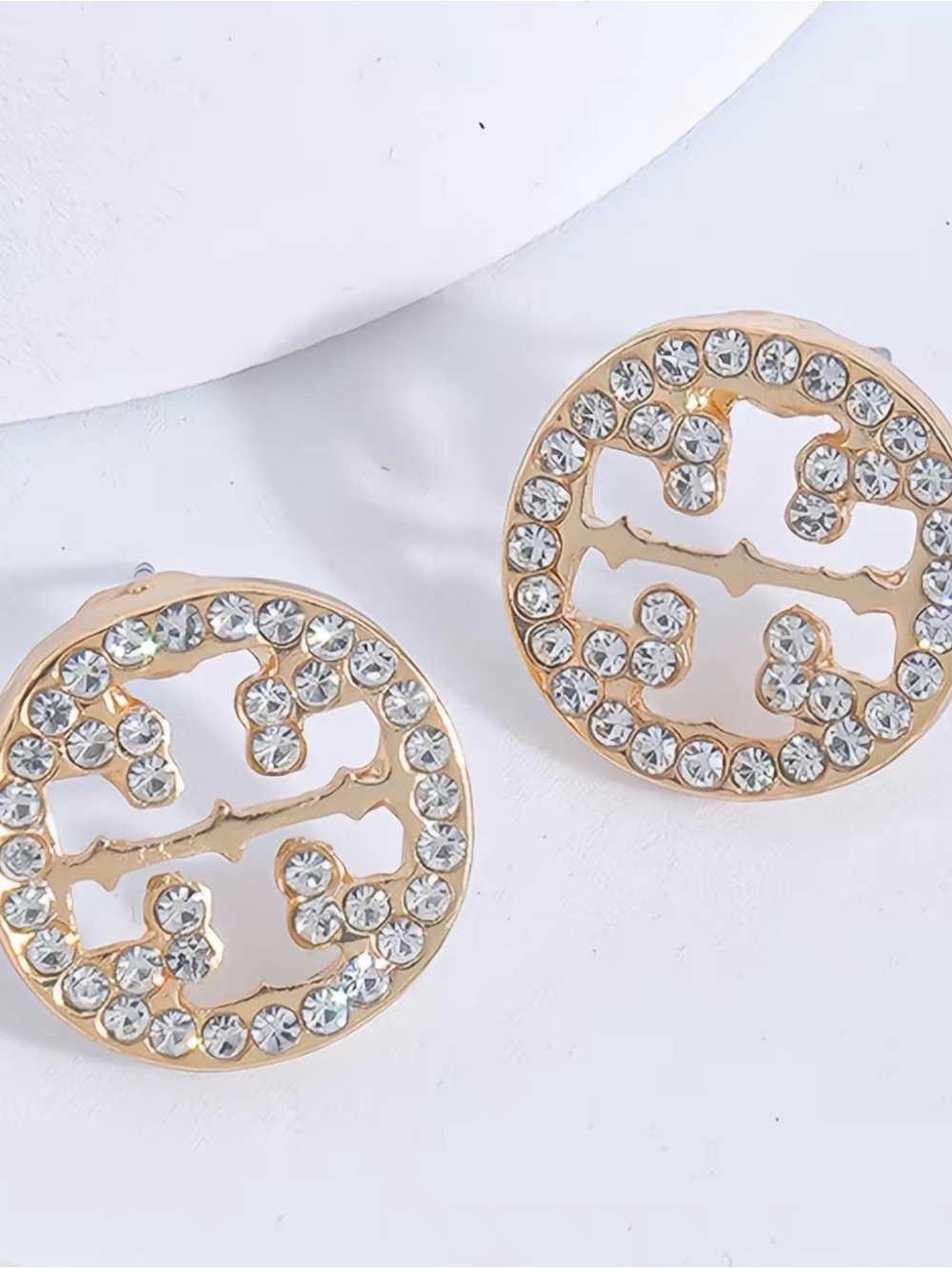 Gold Crystal Logo-Style Round Stud Earrings - Gold